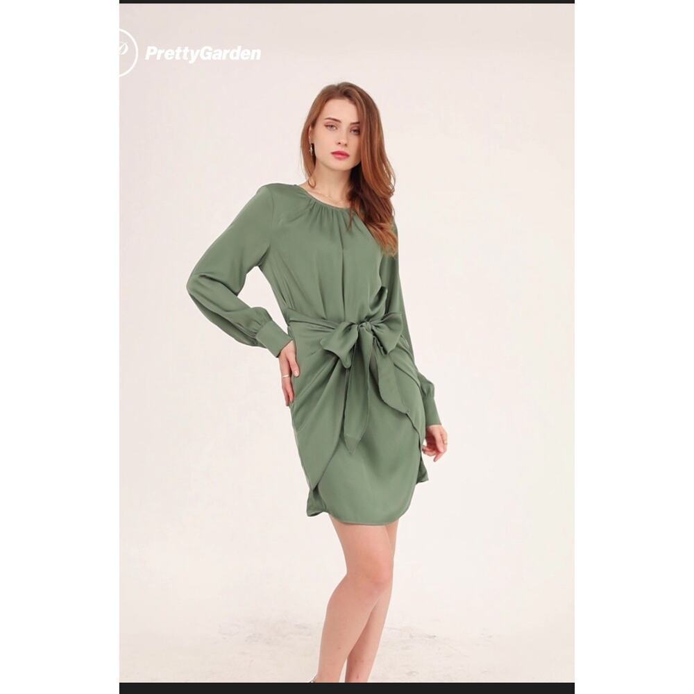 PRETTYGARDEN Green Satin Cocktail Mini Dress Long Sleeve Tie Waist Medium